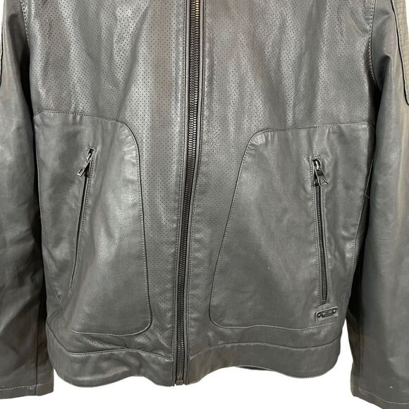 GUESS Black Hooded Lightweight Vegan Faux Leather Moto Zip Jacket - Picture 3 of 16